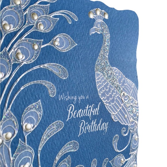 Sienna’s Garden Lace Embossed Peacock Birthday Card w/Embossed Pearlescent Env - Picture 3 of 4